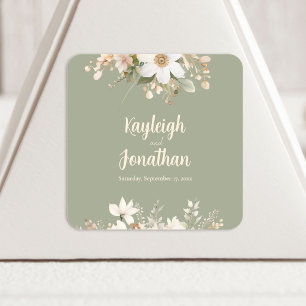 Pegatina Cuadrada Sage Green Modern Watercolor Floral Boda