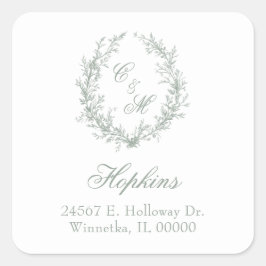 Pegatina Cuadrada Sage Green Monogram Floral Wreath Boda