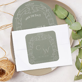 Pegatina Cuadrada Sage Green Ornate Arch Botanical Wedding Envelope