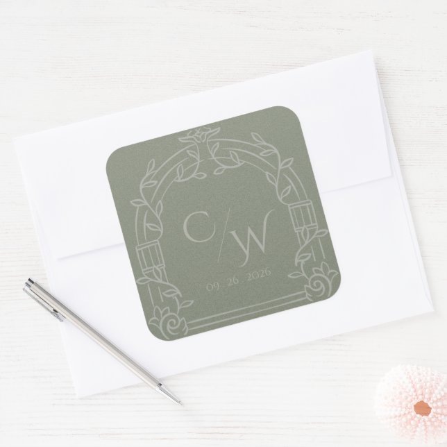 Pegatina Cuadrada Sage Green Ornate Arch Botanical Wedding Envelope  (Sobre)