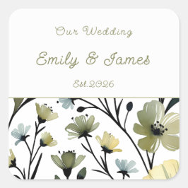 Pegatina Cuadrada Sage Green & Soft Yellow Botanical Wedding