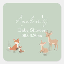 Pegatina Cuadrada Sage Green Woodland Animal Baby Shower 