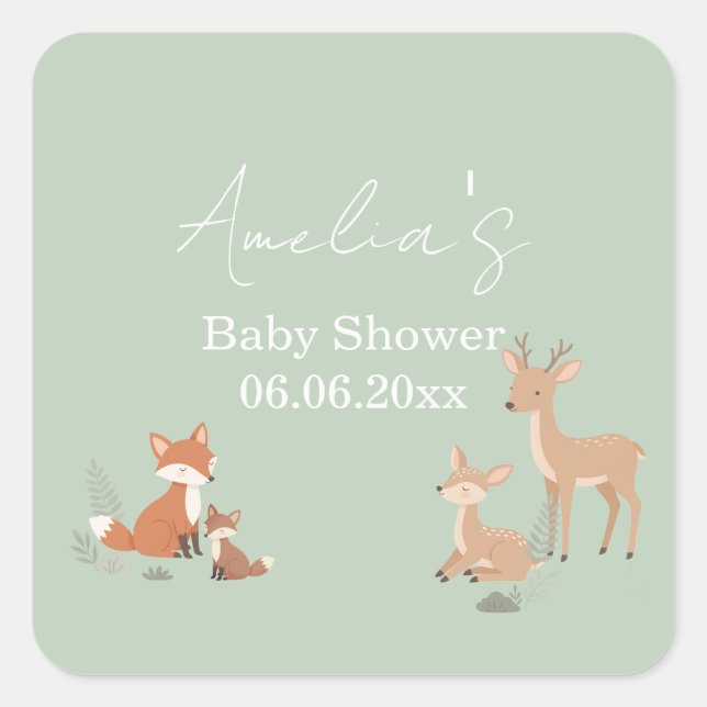 Pegatina Cuadrada Sage Green Woodland Animal Baby Shower  (Anverso)