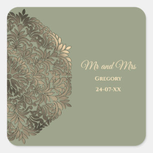 Pegatina Cuadrada Sage Green y Gold Boda Elegante Lujo