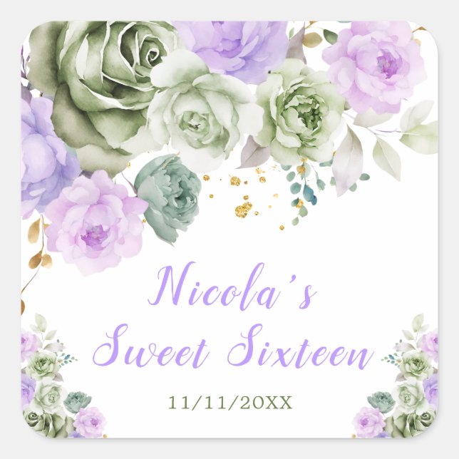 Pegatina Cuadrada Sage Green y Purple Floral Sweet 16 (Anverso)