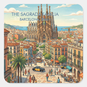 Pegatina Cuadrada Sagrada Familia Barcelona España Viaje Arte Vintag