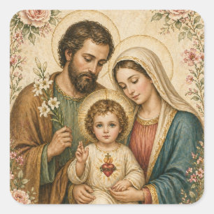 Pegatina Cuadrada Sagrada Familia Sagrado Corazón Niño Jesús Floral
