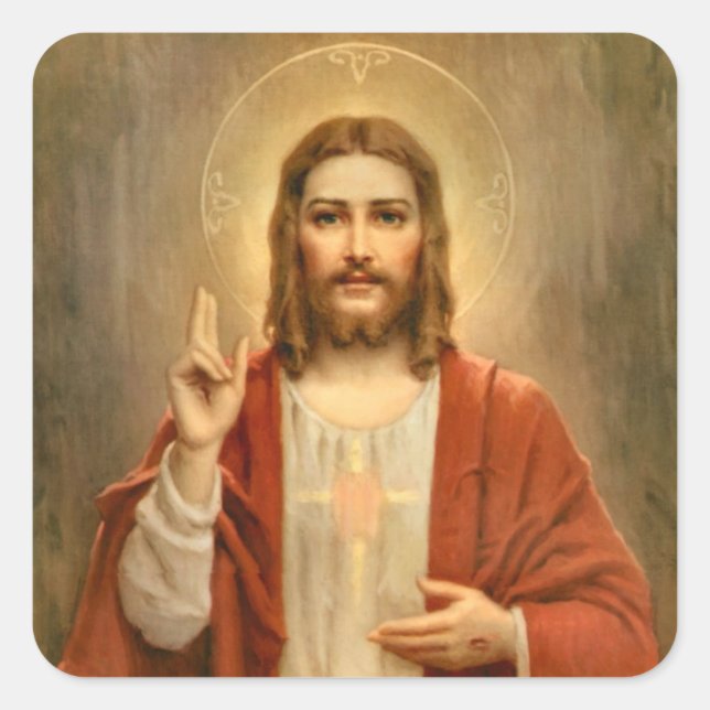 Pegatina Cuadrada Sagrado Corazón con Halo (Anverso)