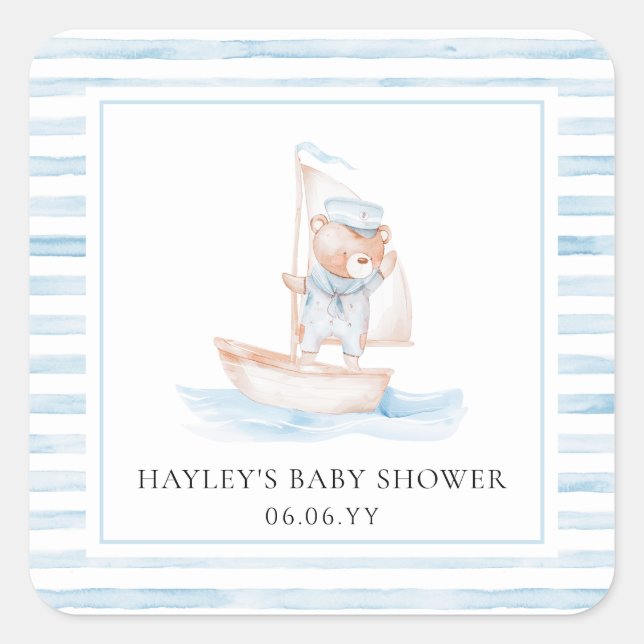 Pegatina Cuadrada Sailor Bear Blue Stripe Baby Shower (Anverso)