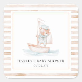 Pegatina Cuadrada Sailor Bear Tan Stripe Baby Shower