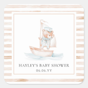 Pegatina Cuadrada Sailor Bear Tan Stripe Baby Shower