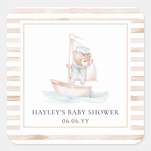 Pegatina Cuadrada Sailor Bear Tan Stripe Baby Shower (Anverso)