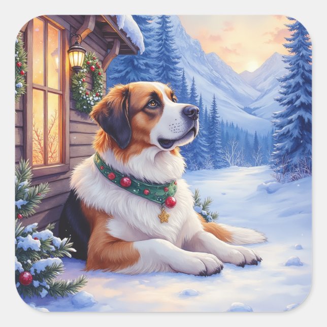 Pegatina Cuadrada Saint Bernard Snowy Mountain Lodge Christmas Dog (Anverso)
