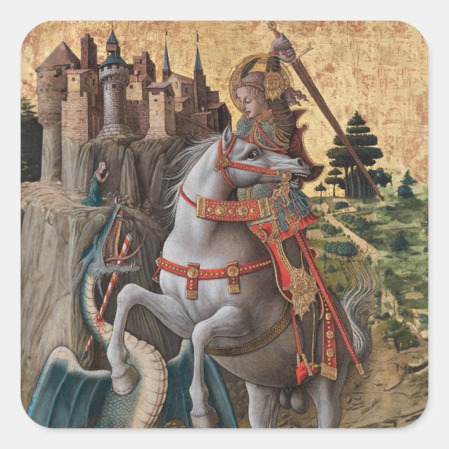 Pegatina Cuadrada Saint George Slay Dragon Carlo Crivelli Paintin (Anverso)