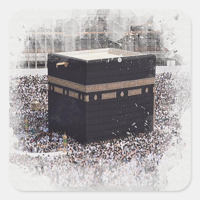 Pegatina Cuadrada Saint Kaaba, Masjid Al Haram, acuarela ilustrada (Anverso)
