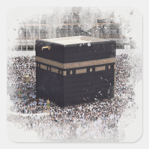 Pegatina Cuadrada Saint Kaaba, Masjid Al Haram, acuarela ilustrada