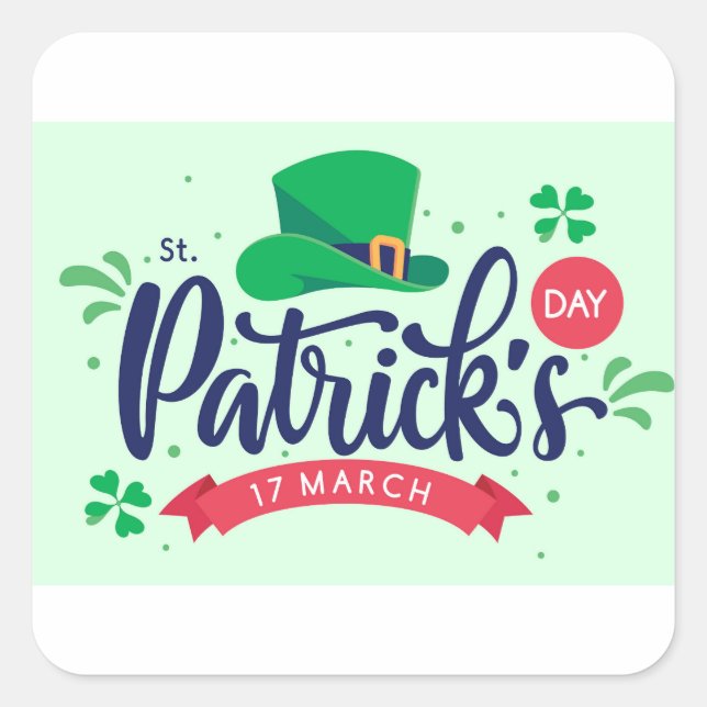 Pegatina Cuadrada Saint Patrick’s Day Shirt – Lucky Leprechaun Hat & (Anverso)