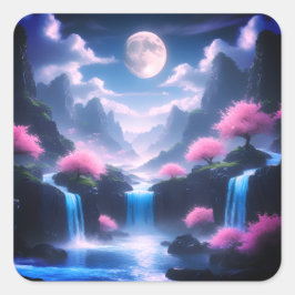 Pegatina Cuadrada Sakora tree-Moonlit Waterfall with Cherr-pink