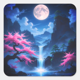 Pegatina Cuadrada Sakora tree -Moonlit Waterfall with Cherry-nature