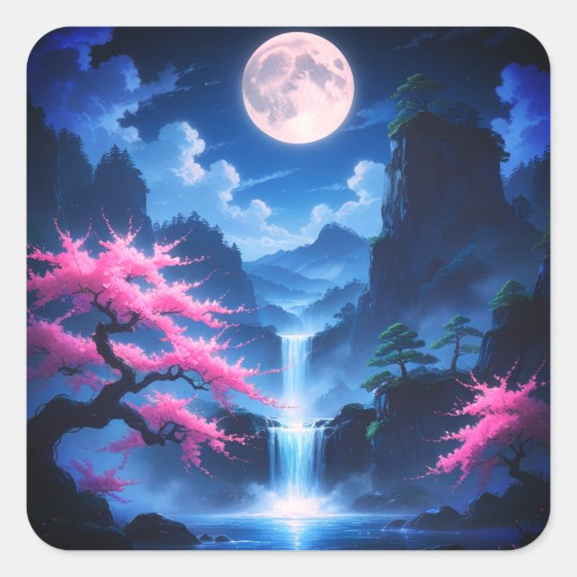 Pegatina Cuadrada Sakora tree -Moonlit Waterfall with Cherry-nature (Anverso)