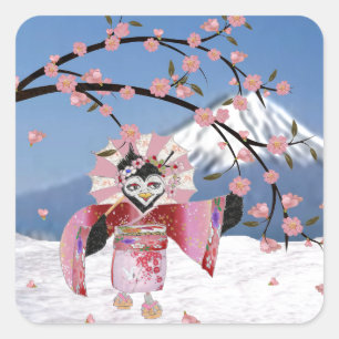 Pegatina Cuadrada Sakura Geisha Pájaro en la Nieve Flor de Cerezo