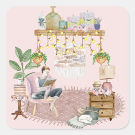 Pegatina Cuadrada Sala de lectura Boho