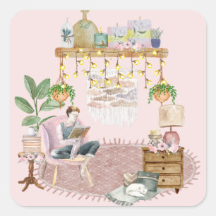 Pegatina Cuadrada Sala de lectura Boho