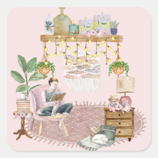 Pegatina Cuadrada Sala de lectura Boho