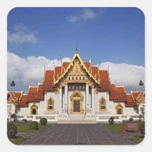 Pegatina Cuadrada Sala Ubosot o Bot, Wat Benchamabophit, Bangkok,