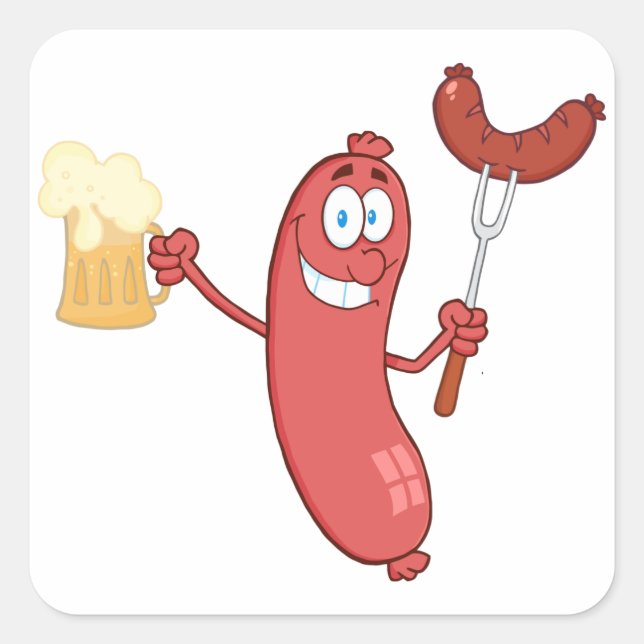 Pegatina Cuadrada Salchichas Y Cerveza (Anverso)