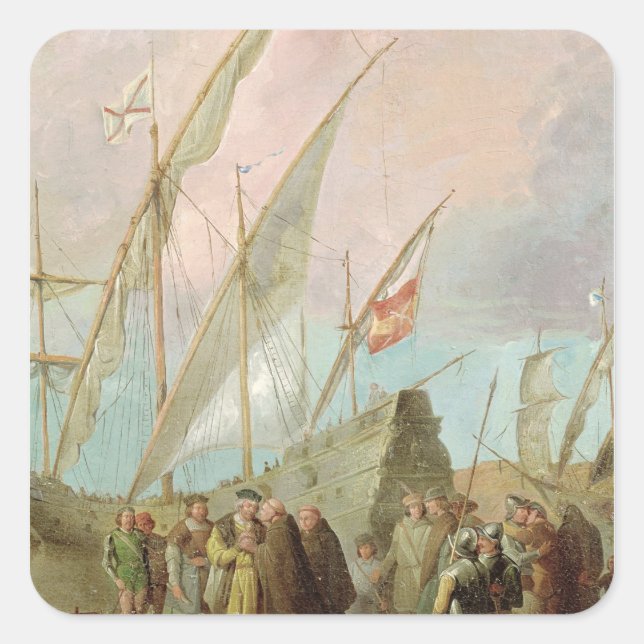 Pegatina Cuadrada Salida de Cristóbal Colón de Palos (Anverso)