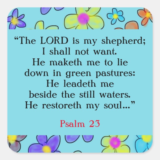 Pegatina Cuadrada Salmo 23 Biblia Oración Flor Azul (Anverso)