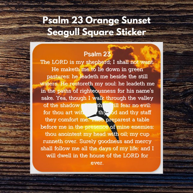 Pegatina Cuadrada Salmo 23 Naranja Gaviota de Amanecer (Psalm 23 Orange Sunset Seagull Square Stickers)