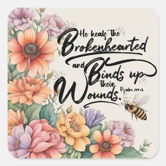 Pegatina Cuadrada Salmos 147:3 Biblia cristiana Verse Image (Anverso)