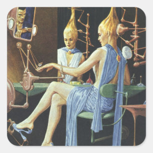 Pegatina Cuadrada Salón de Belleza de Ciencia Ficción Vintage Spa Ma