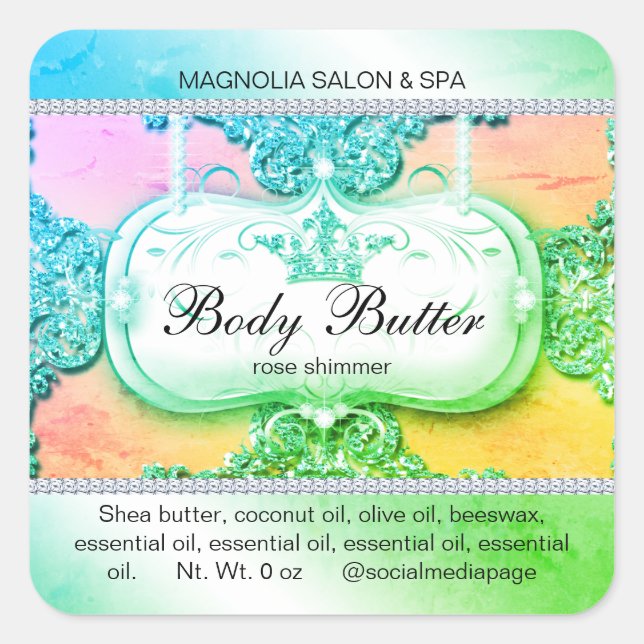 Pegatina Cuadrada Salón de la Corona Purpurina Azul Verde (Anverso)