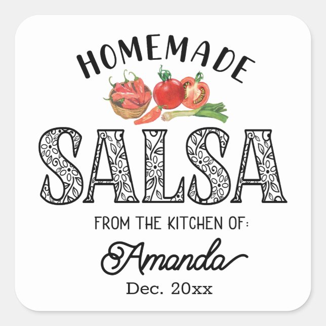 Pegatina Cuadrada Salsa casera de la cocina del nombre Jar lid (Anverso)