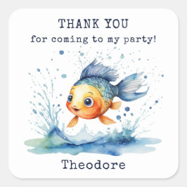 Pegatina Cuadrada Saltando niños de peces Fiesta de cumpleaños graci