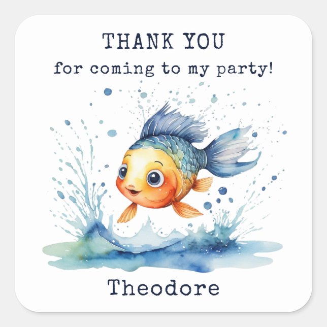 Pegatina Cuadrada Saltando niños de peces Fiesta de cumpleaños graci (Anverso)