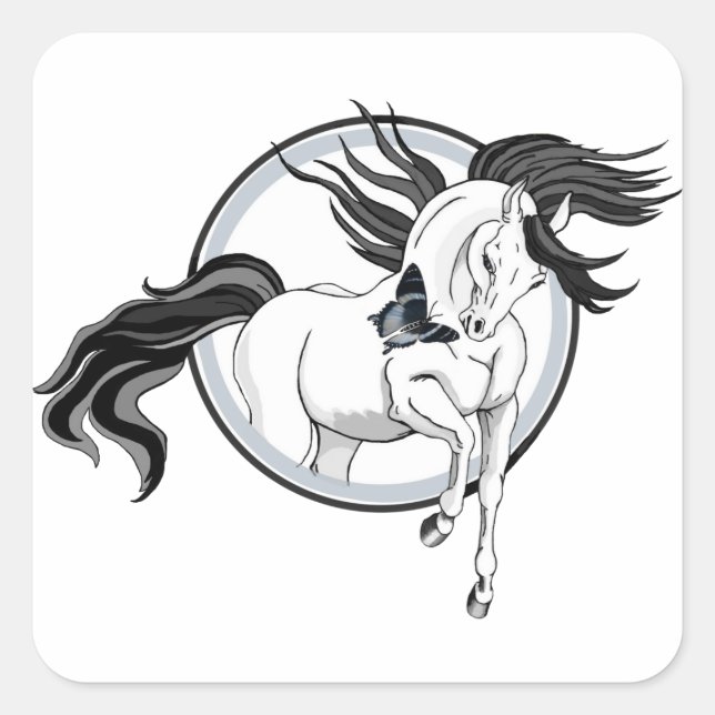 Pegatina Cuadrada Salto ~ Caballo y mariposa (Anverso)