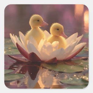 Pegatina Cuadrada Saltos adorables en una flor de Lily del Agua