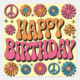 Pegatina Cuadrada Saludo de cumpleaños retro groovy de los 70