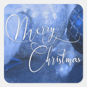 Pegatina Cuadrada Saludo de Felices Fiestas Azul, Plata y Blanco