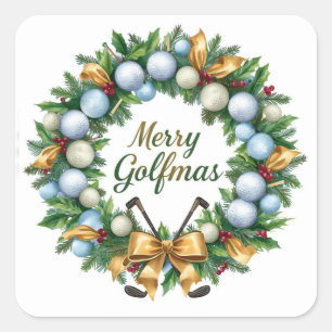 Pegatina Cuadrada Saludo de Navidad de golf con corona de golf