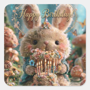Pegatina Cuadrada Saludo mágico de cumpleaños con un conejo 