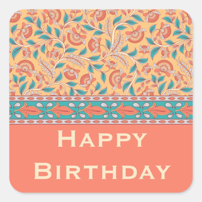 Pegatina Cuadrada Saludo personalizado de Kalamkari (Anverso)