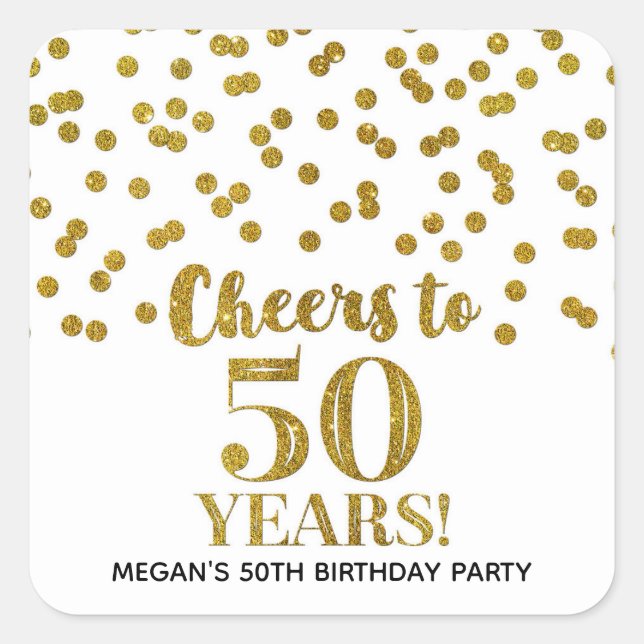 Pegatina Cuadrada Saludos a 50 años Confeti de oro de cumpleaños (Anverso)
