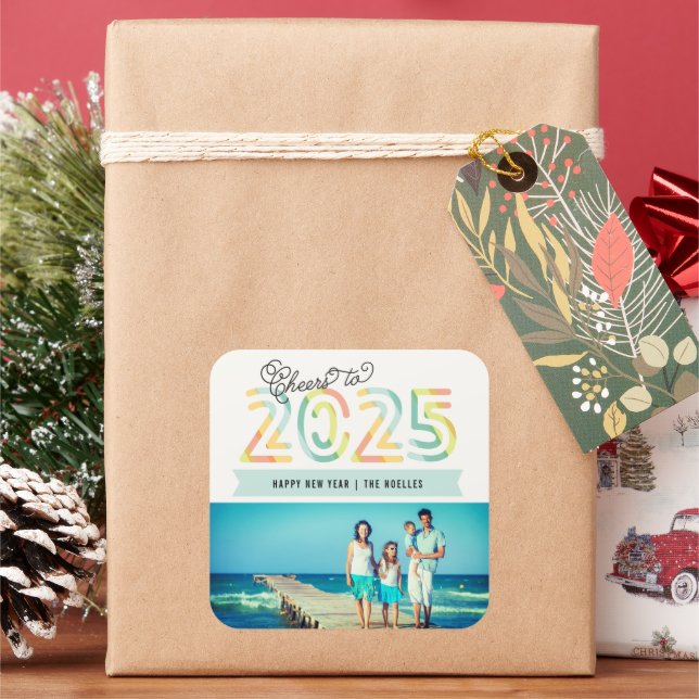 Pegatina Cuadrada Saludos a las Rayas de Cítricos de 2025 Feliz Año  (Vacaciones)