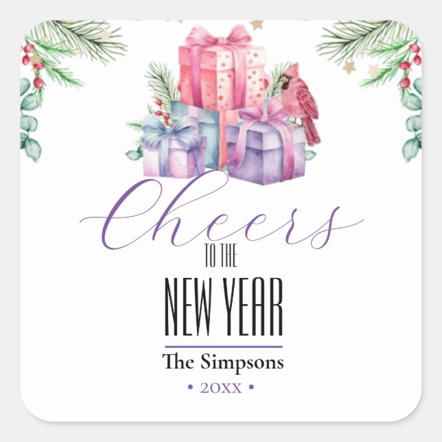 Pegatina Cuadrada Saludos acuarelas al nuevo año (Anverso)