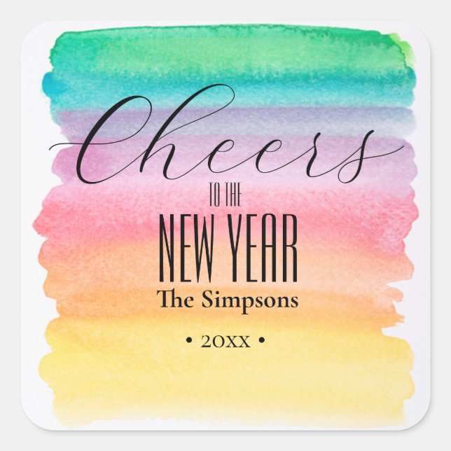 Pegatina Cuadrada Saludos acuarelas al nuevo año (Anverso)